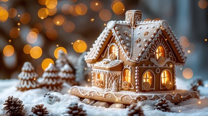 Close up of a gingerbread palace with illuminated windows and Christmas tree decorations in snow bokeh banner empty space for design