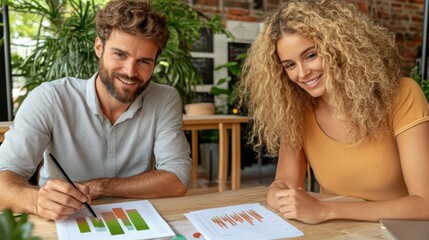 Sticker - A man and woman sitting at a table with graphs on paper, AI