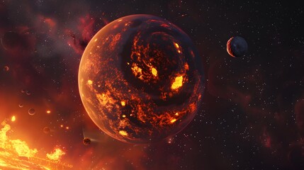 Two planets with fiery red and orange nebula background in outer space