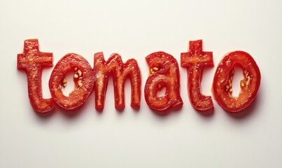 Wall Mural - Tomato Word Written with Sliced Tomatoes on White Background