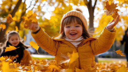 Canvas Print - A little girl in a yellow jacket playing with leaves, AI