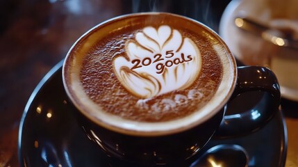 Wall Mural - plan and target concept, 2025 goals cup of latte art in the coffee shop.