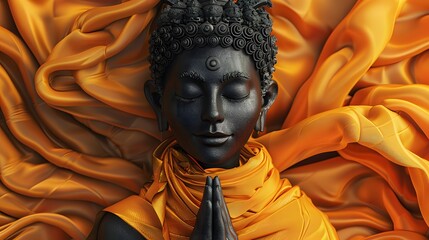 Detailed close-up of a serene black Buddha statue wrapped in golden fabric with intricate carvings