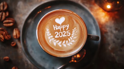 Wall Mural - cup of coffee with happy 2025 letter in cafe for newyear celebration.