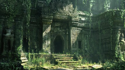 Poster - Overgrown Stone Temple Entrance with Carved Details