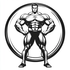 A muscular man in a strong pose with a circle behind him.