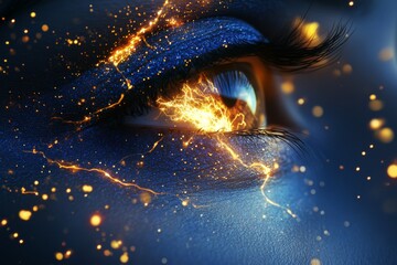 Poster - Shimmering blue eye with glittering particles around the iris evoking cosmic stardust and a sense of deep space exploration transcending conventional visual boundaries