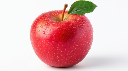 Poster - A red apple with a leaf on it sitting in front of white background, AI