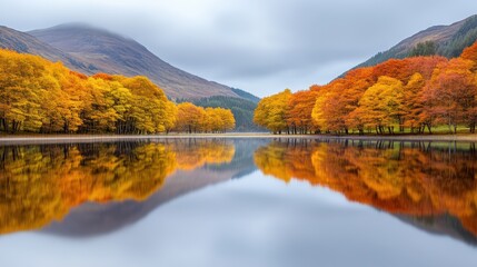 Wall Mural - A lake surrounded by trees with mountains in the background, AI