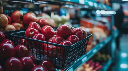 Wall Mural - Close-up of fresh red apples in basket at grocery store