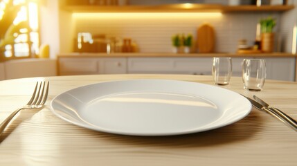 Sticker - A white plate with fork and knife on a wooden table, AI