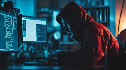 Hacker wearing a hood working on multiple computer screens