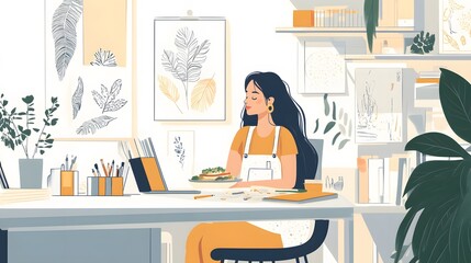 Wall Mural - Woman with long black hair at a desk with a laptop and a plate of food.