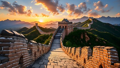 Wall Mural - Majestic panorama of the Great Wall snaking through lush mountains under a bright sky