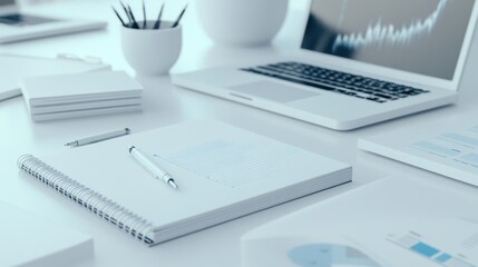 Canvas Print - A white desk with a laptop, notebook and pen on it, AI