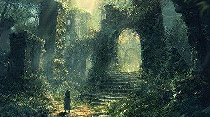 Wall Mural - A lone figure stands before an overgrown stone archway leading into a mystical forest.