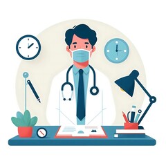 A flat-style illustration of a doctor standing confidently in medical attire. Perfect for healthcare, medical services, and wellness content. Clean, minimalistic design with a professional look.