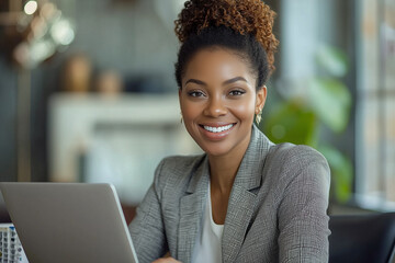 Smiling Businesswoman Working on Laptop in Office