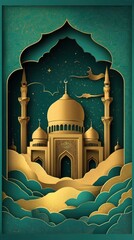 Wall Mural - Golden Mosque Illustration with Green and Gold Abstract Background