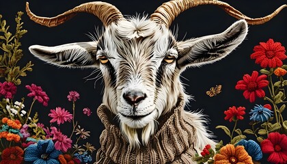 Wall Mural - Whimsical Knit Art Goat Sculpture Showcasing Cozy Textile Craftsmanship