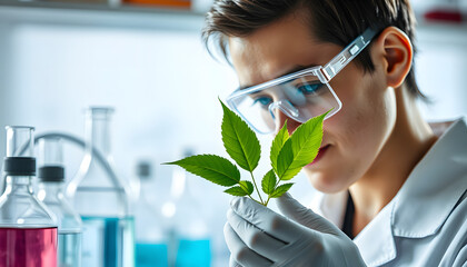 Wall Mural - medicine experiment and chemical biology study in science laboratory research, scientist testing part green plant on scientific glasses in chemistry technology, nature leaf in medicals biotechnology