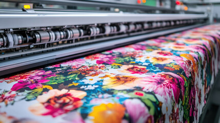 A machine is printing a floral pattern on a piece of fabric. The colors are bright and the flowers are large and colorful. The machine is likely used in a textile factory to create unique