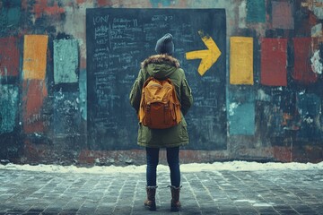 Person with a yellow backpack walking in front of a wall with a single yellow arrow pointing right symbolizing personal direction travel choices and finding one’s path in an urban environment