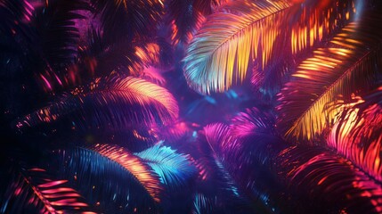 Poster - Vibrant Neon Palm Leaves Illuminated in Dark Background