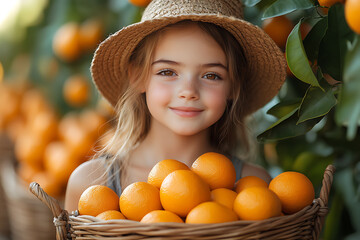 A young woman in a straw hat smiles while holding a basket full of freshly picked oranges in an orchard, symbolizing harvest and nature.
