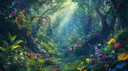 Sticker - Sunbeams Filtering Through a Lush, Flower-Filled Forest