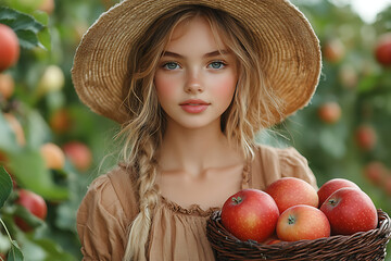 Photo of a cute girl standing in a garden, holding a wicker basket full of apples. Bright, natural setting with lush greenery and ripe fruit.
