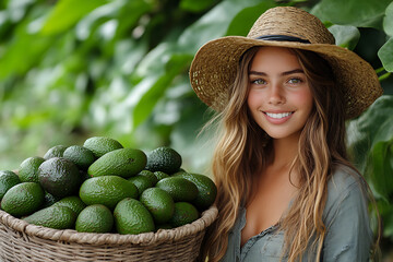 Photo of a cute girl standing in a garden, holding a full wicker basket of avocados. Fresh outdoor scene with greenery and ripe avocados.
