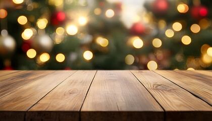 Wall Mural - Empty wooden table over defocused christmas background with copy space