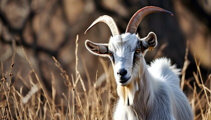 Playful goat exploring a lush green pasture under a bright blue sky