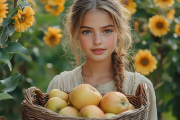 Photo of a cute girl standing in a garden, holding a wicker basket full of apples. Bright, natural setting with lush greenery and ripe fruit.
