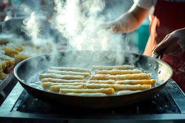 Wall Mural - Frying Spring Rolls in a Pan