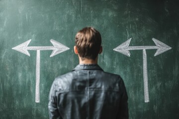 Man standing in front of chalkboard with two arrows pointing in opposite directions symbolizing indecision process of weighing options and complexities of making critical life or business choices