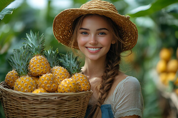 A cute girl stands in a garden holding a wicker basket filled with pineapples. Tropical setting with vibrant greenery and fresh pineapples.
