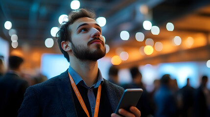 Wall Mural - Businessman holding smartphone looking up at conference event