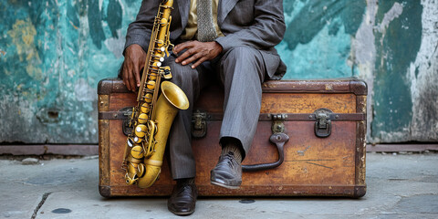 Jazzy Journey - A saxophonist sitting on a vintage suitcase, his instrument resting on a well-worn trunk, ready for his next musical adventure.