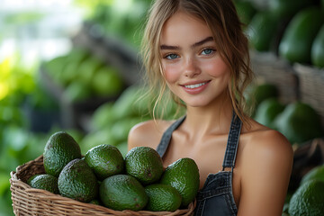 Photo of a happy girl standing in a garden, smiling and holding a wicker basket full of fresh avocados. Lush greenery and tropical vibes.
