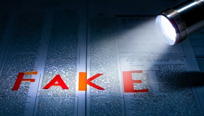 A flashlight illuminates the word 'FAKE' on a newspaper