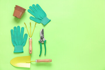 Wall Mural - Different gardening tools on green background