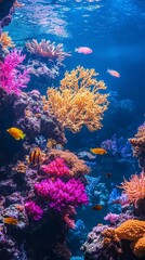 Wall Mural - Coral reef with colorful corals, various fish swimming, clear blue water, bright underwater lighting