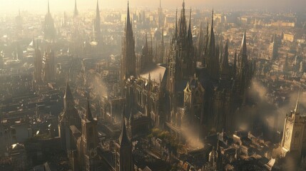 Poster - An aerial view of a gothic cathedral in a city with smoke and fog in the air.