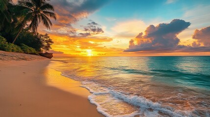 Poster - A Tranquil Sunset Over a Tropical Beach with Palm Trees and Golden Sand