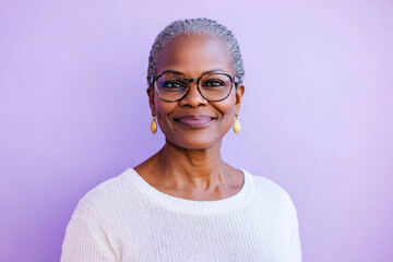 Senior African American woman with glasses, gentle smile, standing confidently against a light lavender background, projecting warmth and experience.