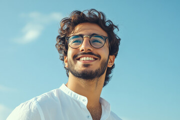 Young Arabian man with glasses, smiling confidently, full of energy, standing against a soft sky-blue background.