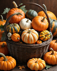 Canvas Print - Basket of pumpkins and squash together