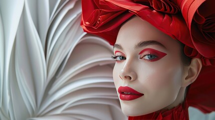 Bold red fashion and makeup by striking model